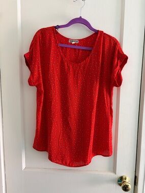 Pleione Red Scoop Neck Short Sleeve Printed Blouse